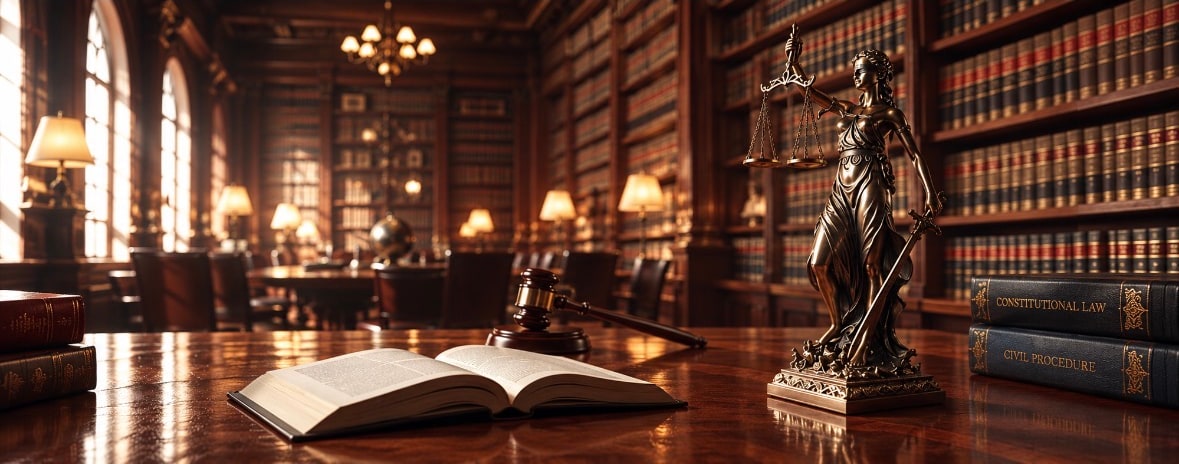 A statue of Lady Justice with scales beside a gavel in a wood-panelled law library